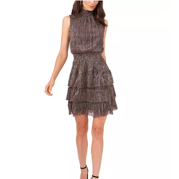 MSK Metallic Smocked Tiered Mock-Neck Sleeveless‎ Dress - Picture 2 of 13